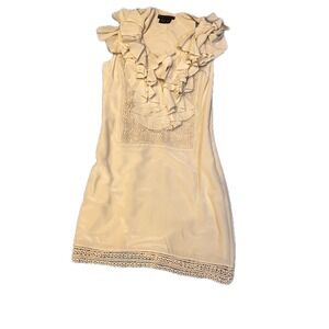 Sheri Bodell 100% Silk Ruffle Mini Dress • Cream Boho Lace • Party / Resort XS